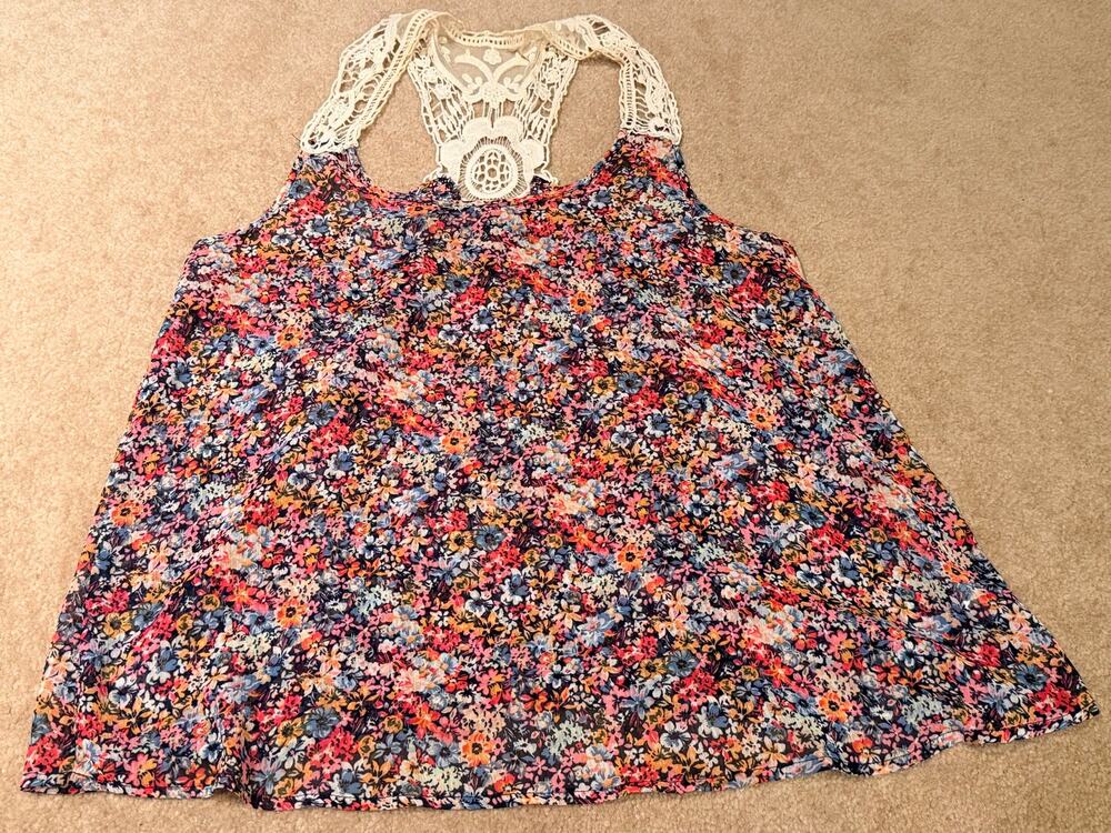 Women's Boho Floral Chiffon Tank Top Size M Crochet Lace Racerback Swing Blouse